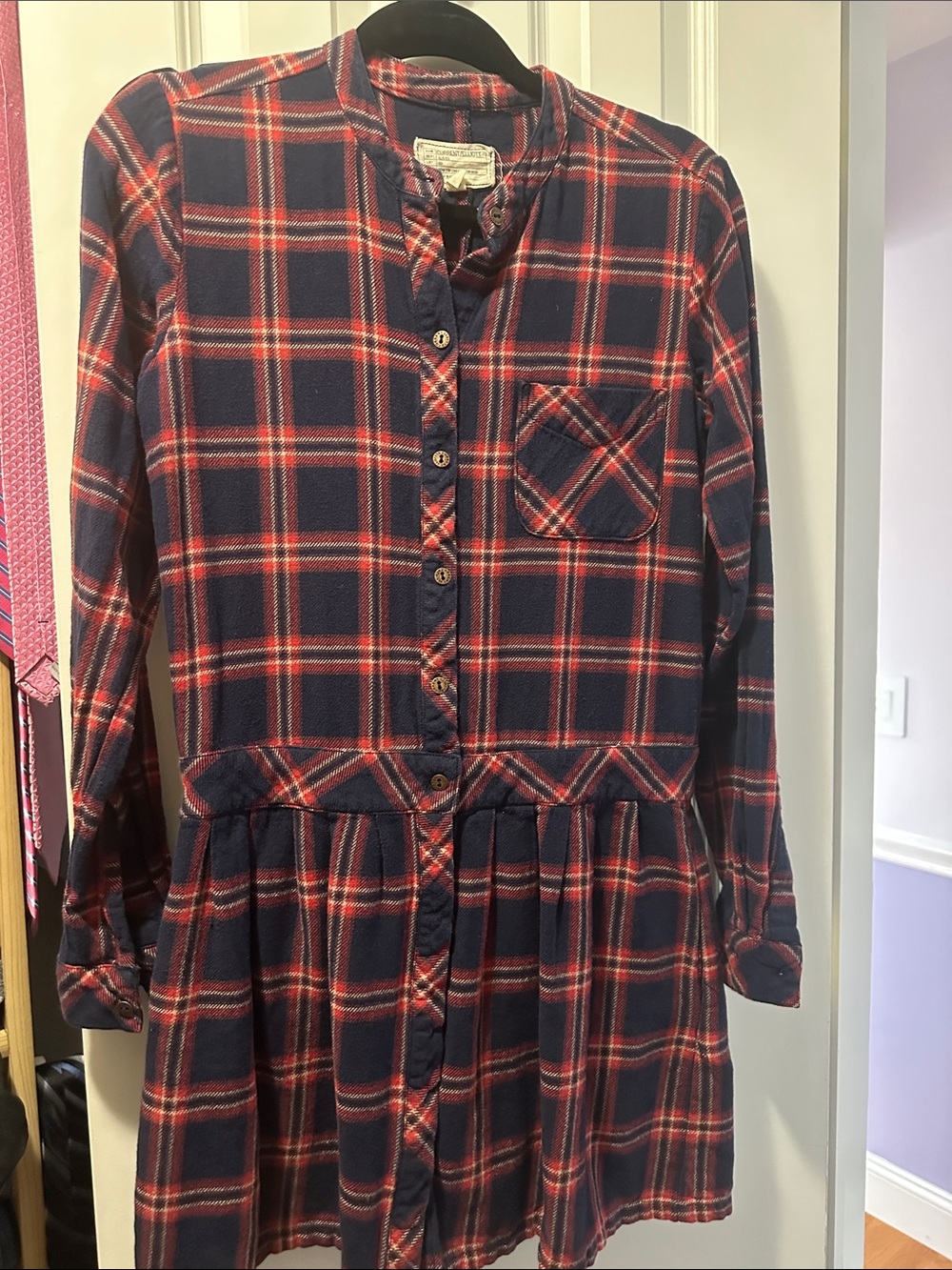 Current/Elliott Navy and Red Plaid Button-Front Casual Dress